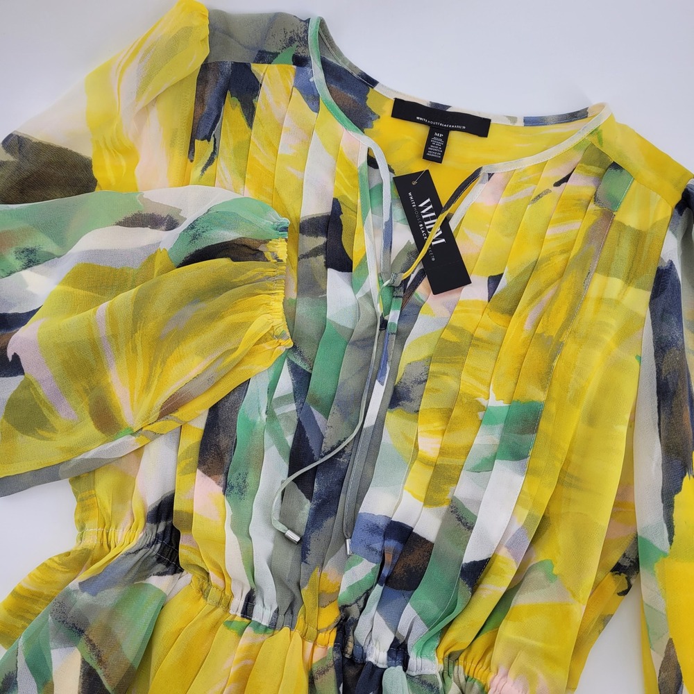 NWT White House Black Market Yellow Abstract Floral Pleated Chiffon Blouse MP